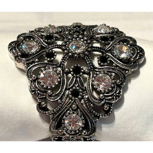 Statement Filigree Bracelet Clear and Black Stones on Silver Tone Hinged Clamper - Picture 3 of 10